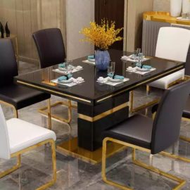 Modern Glass Dining Table Set Black With 6 Faux Leather Chairs